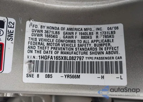 2008 Honda Civic Lx из США, поврежденный, VIN 1HGFA165X8L082797